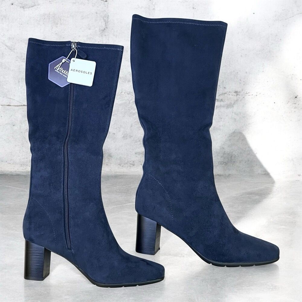 Aerosoles Micah Tall Boots Womens 10M Navy Faux Suede Stretch Knee High Heeled